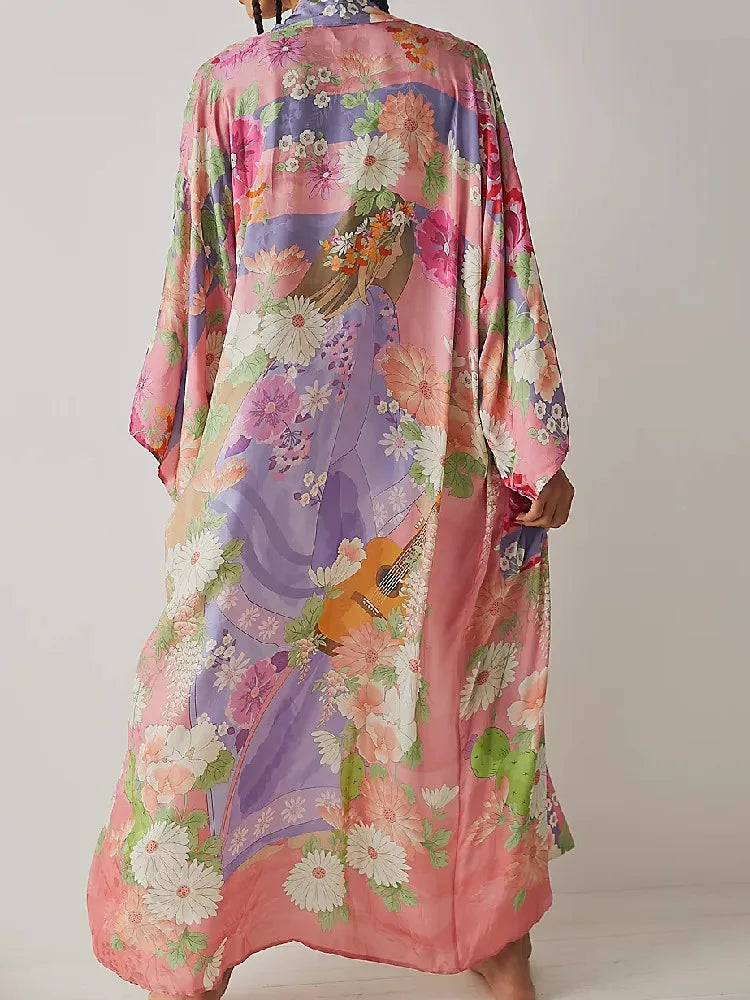 Pink Blooms Boho Floral Print Maxi Robe