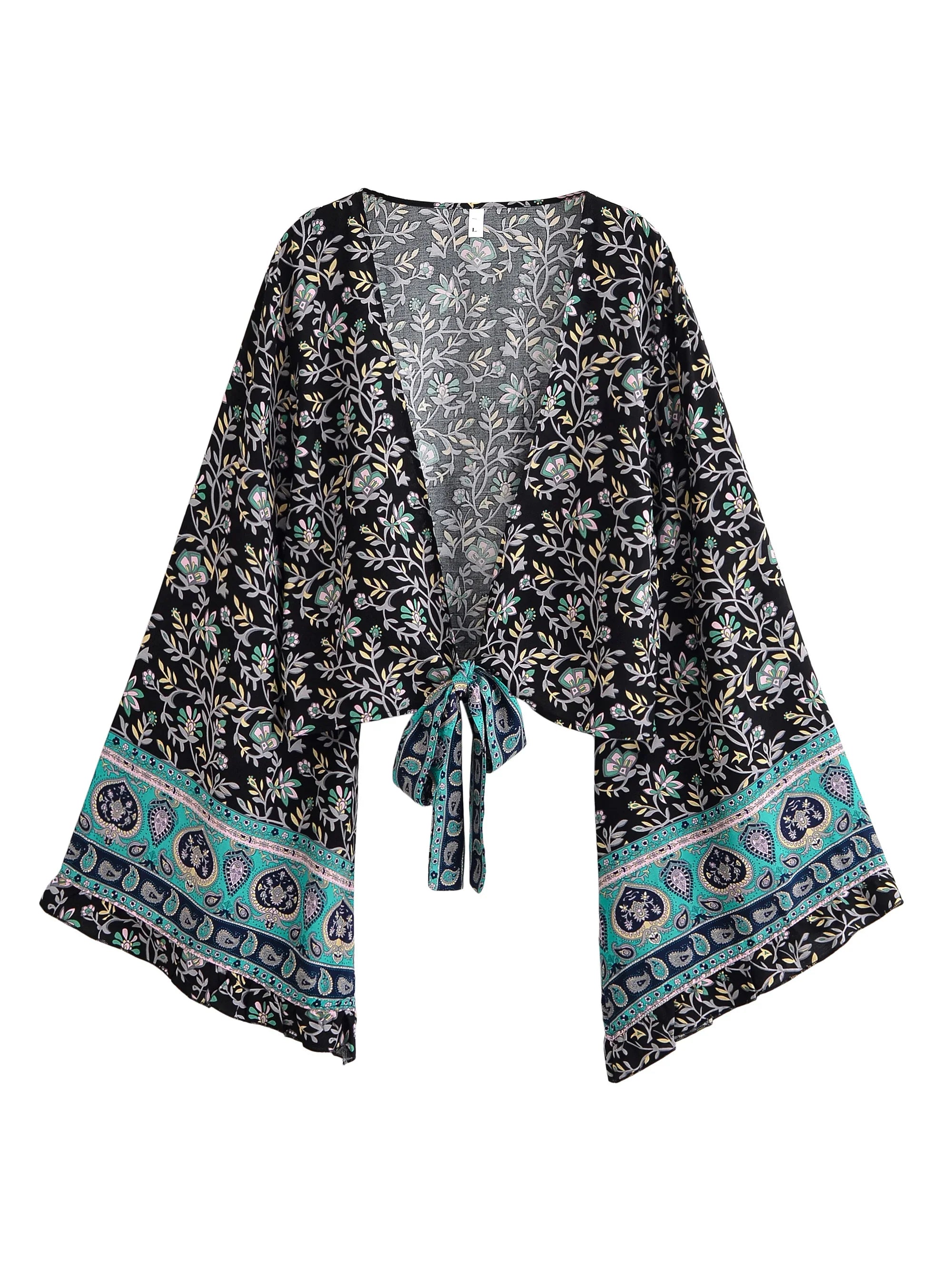 Navy Blossom Boho Floral Print Long Sleeve Crop Top