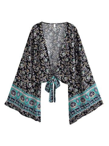 Navy Blossom Boho Floral Print Long Sleeve Crop Top