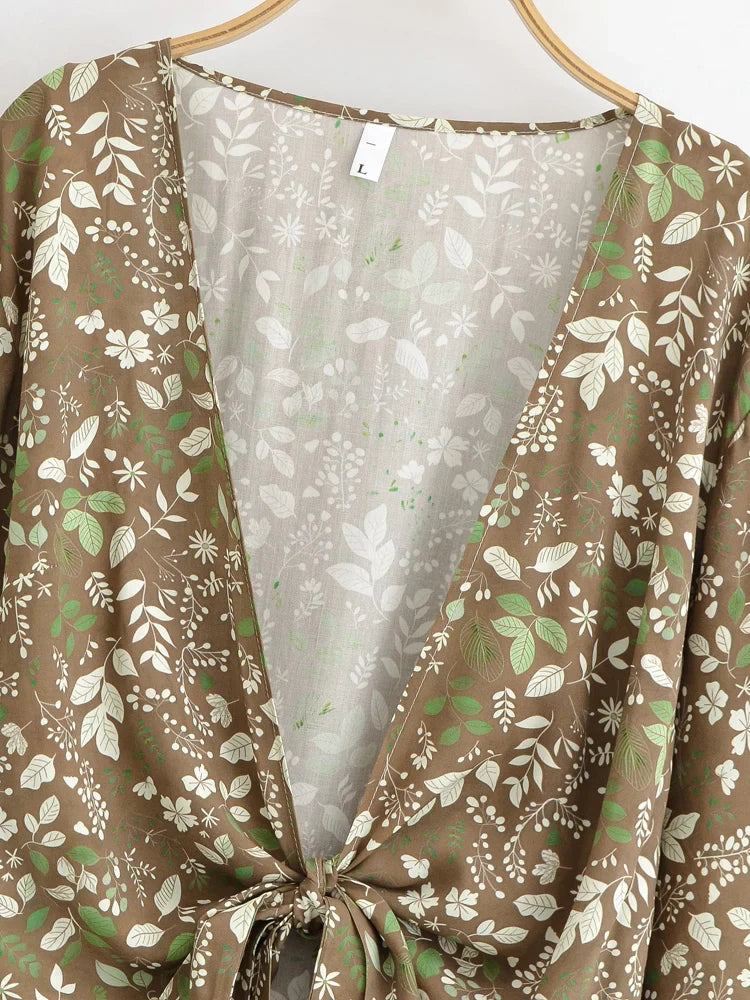 Olive Blossom Boho Floral Print Long Sleeve Crop Top
