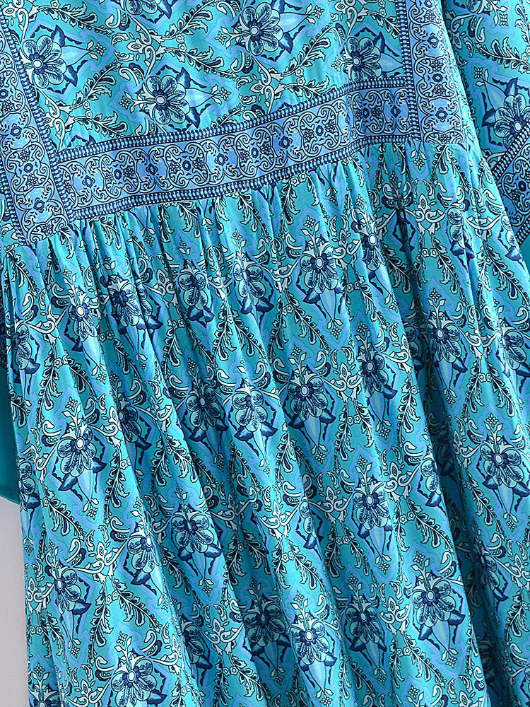 Blossom Blues Boho Floral Babydoll Mini Dress