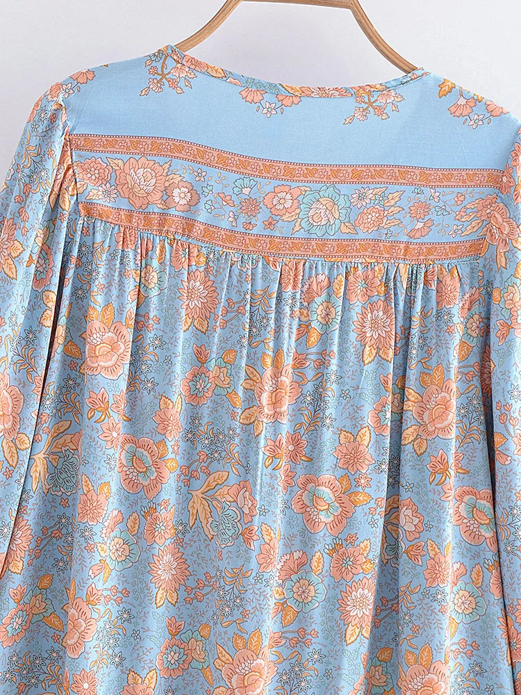 Blue Whisper Boho Floral Print Long Sleeve Blouse