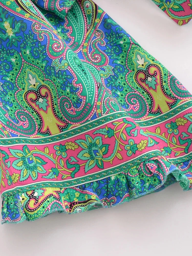 Mystic Green Boho Paisley Print Long Sleeve Crop Top