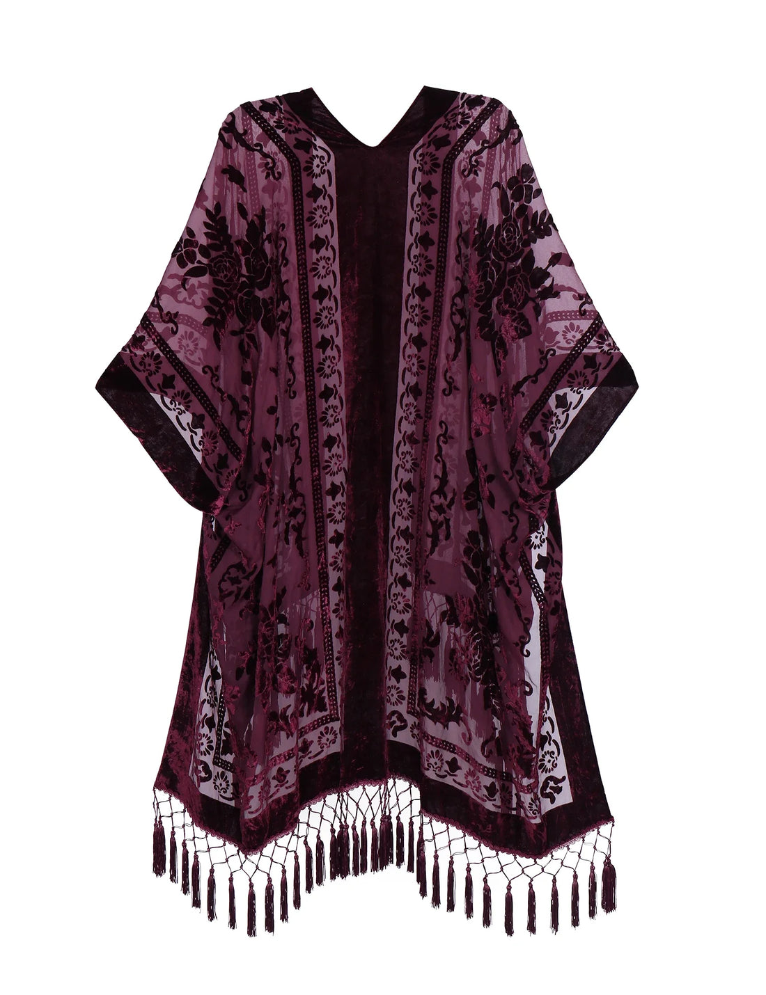 Merlot Floral Print Velvet Burnout Kimono