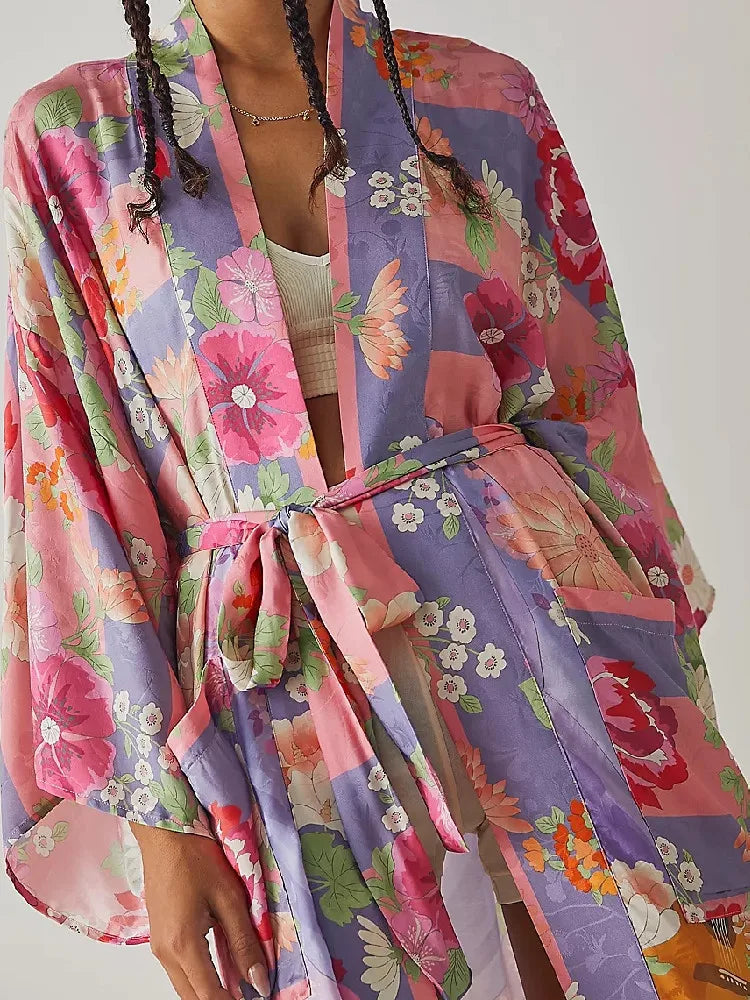 Pink Blooms Boho Floral Print Maxi Robe