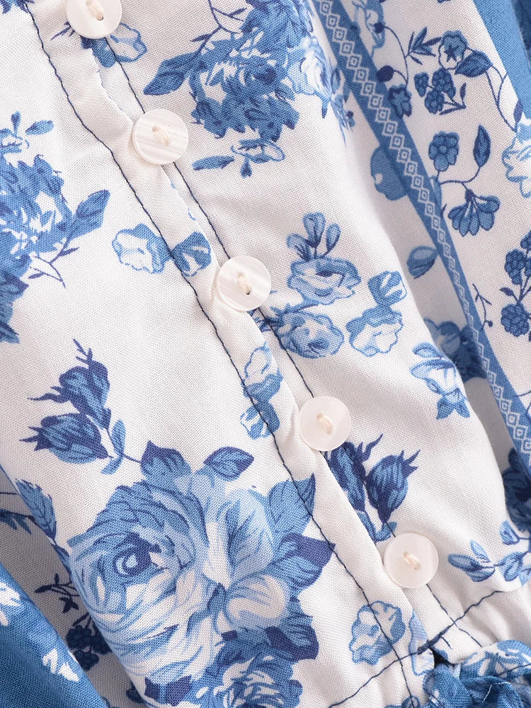 Cottage Blue Boho Floral Print Mini Dress
