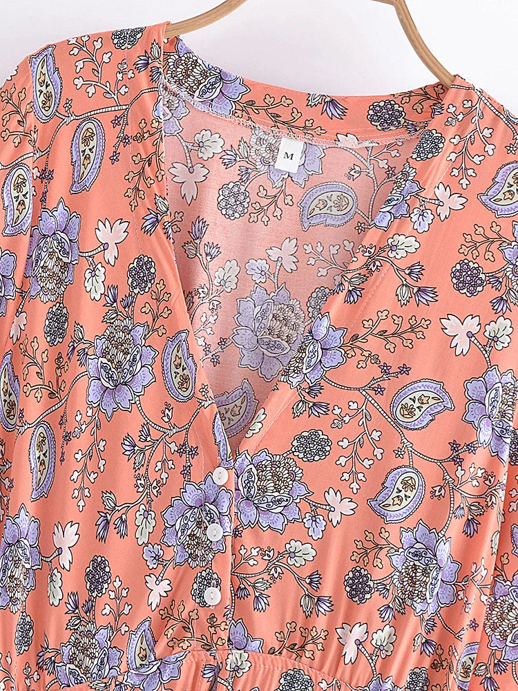 Coral Bloom Boho Floral Print Maxi Dress