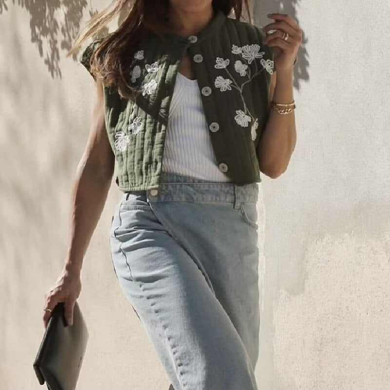 Olive Blooms Boho Floral Embroidered Vest
