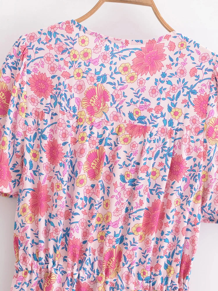 Dreamy Rose Pink Boho Floral Print Maxi Dress