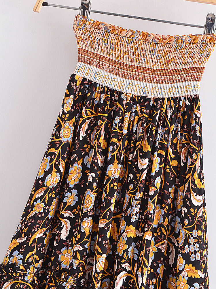 Twilight Garden Boho Floral Print Maxi Skirt