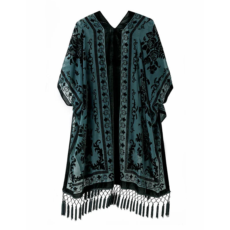 Emerald Floral Print Velvet Burnout Kimono