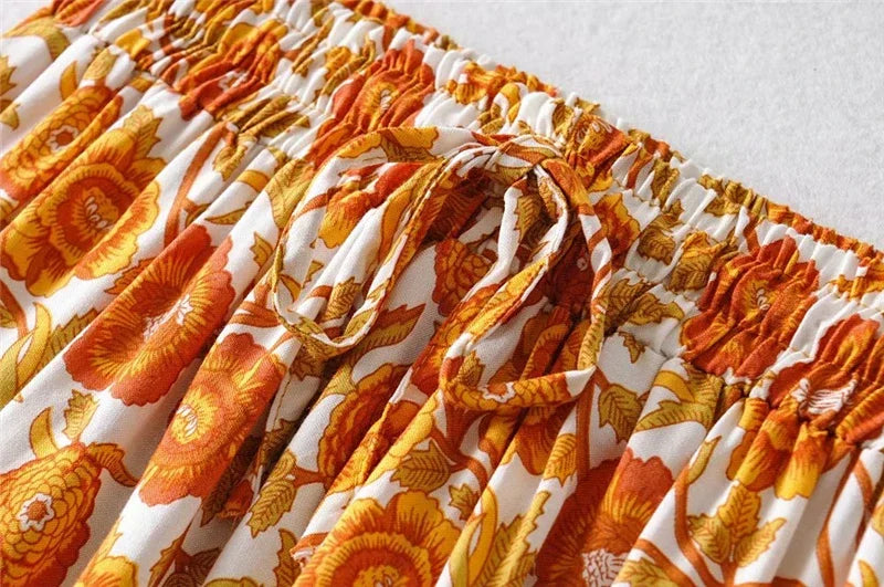Marigold Orange Floral Print Mini Skirt