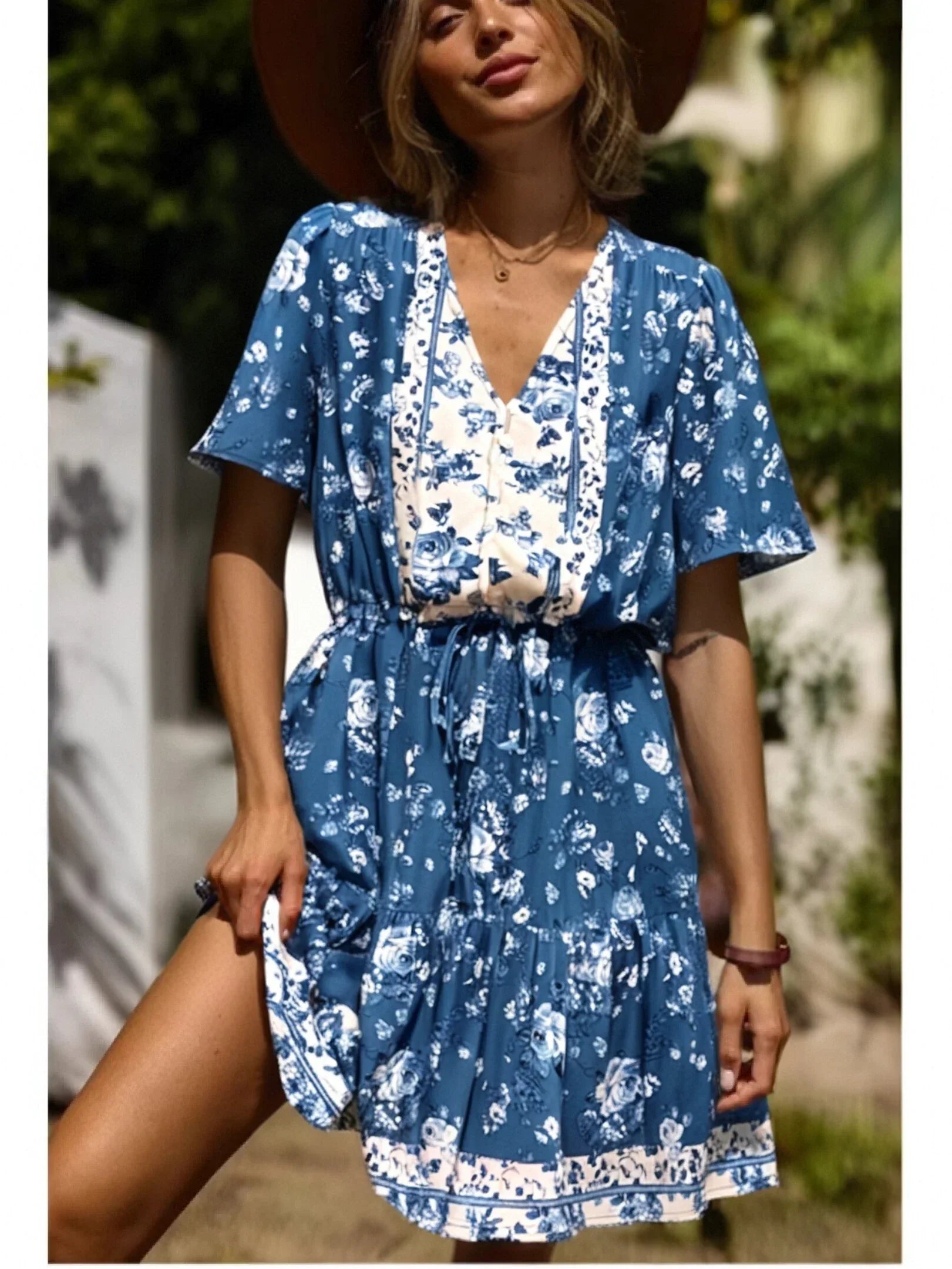 Cottage Blue Boho Floral Print Mini Dress
