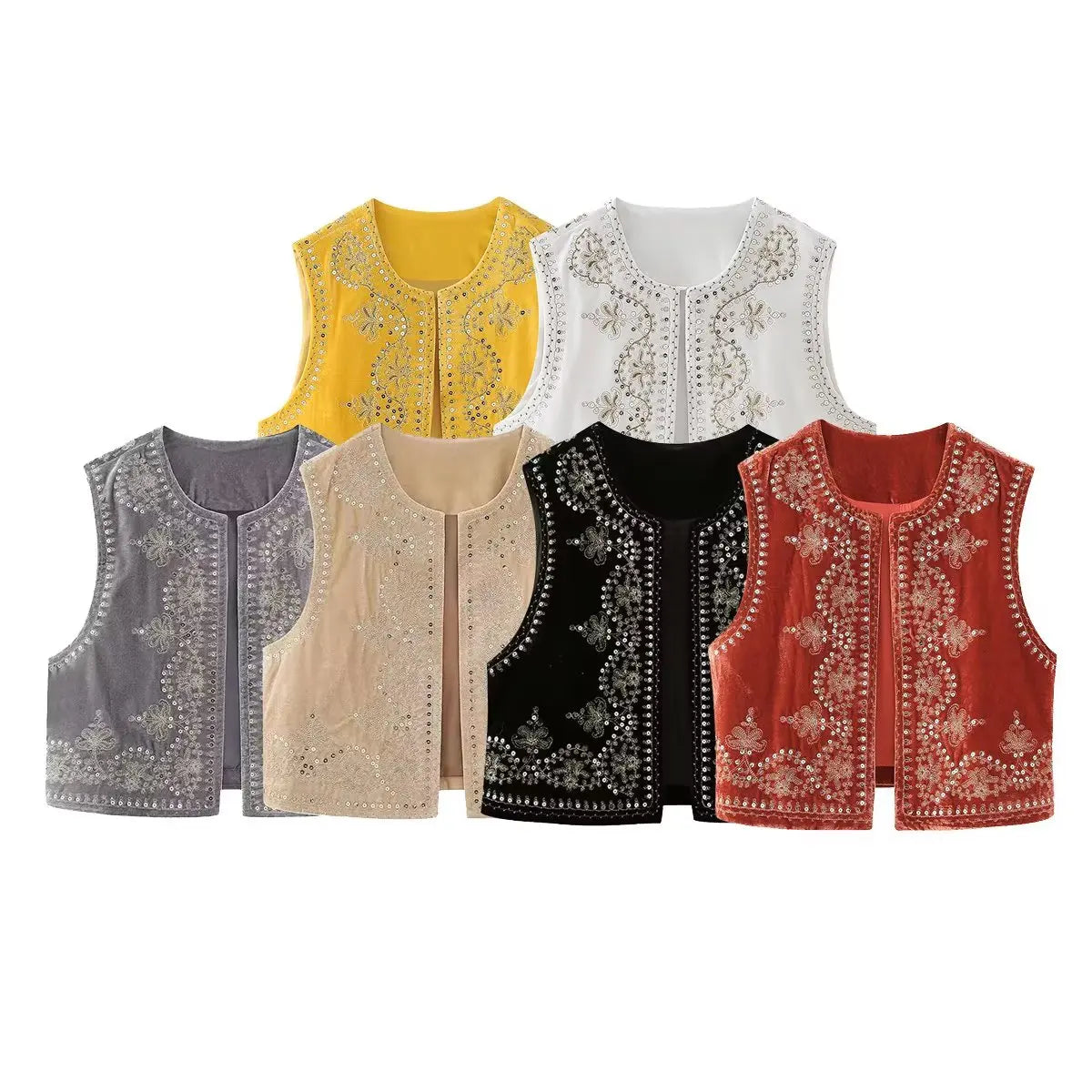 Red Boho Sequin Embroidered Vest