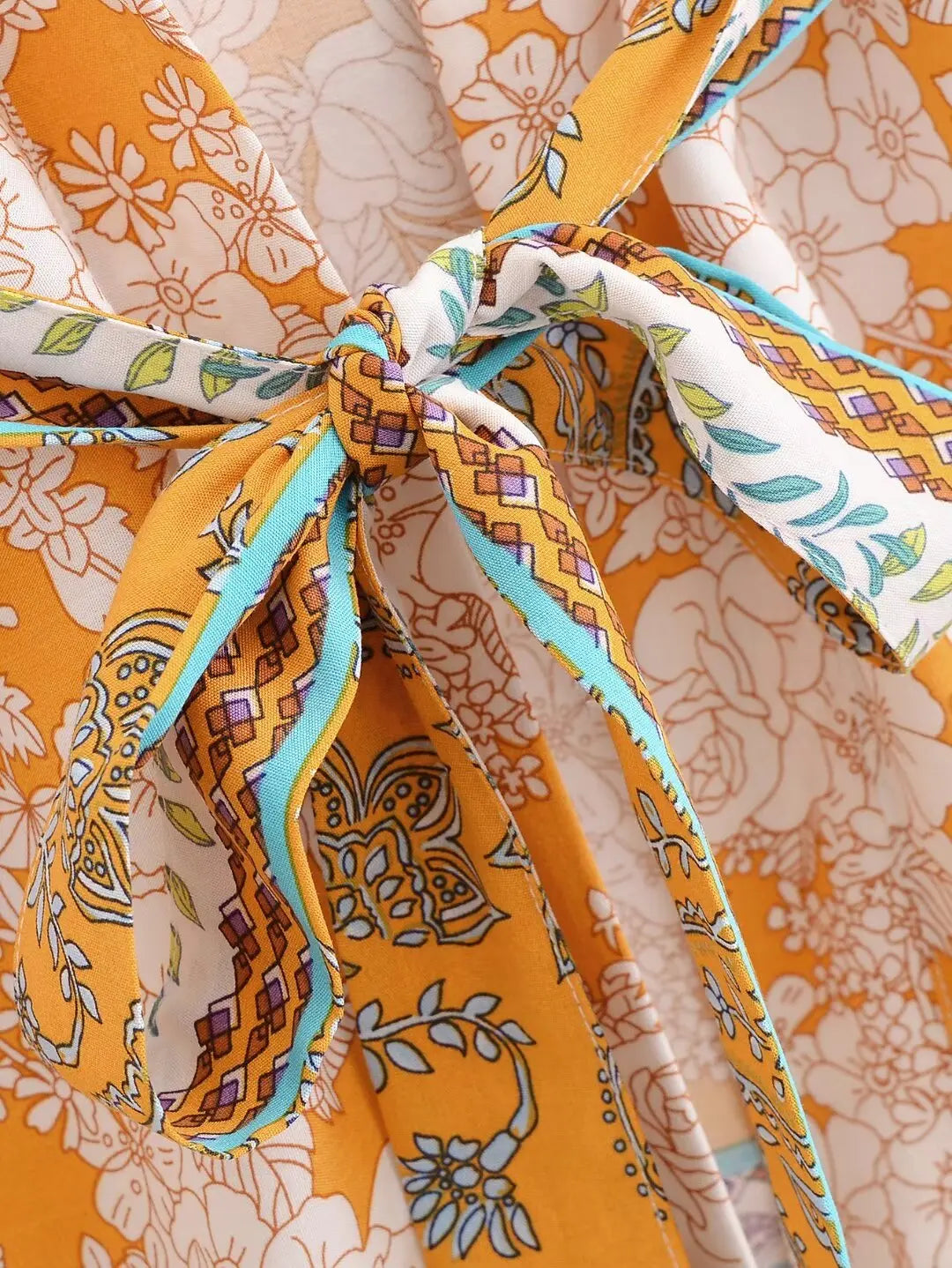 Saffron Bloom Boho Floral Print Short Robe