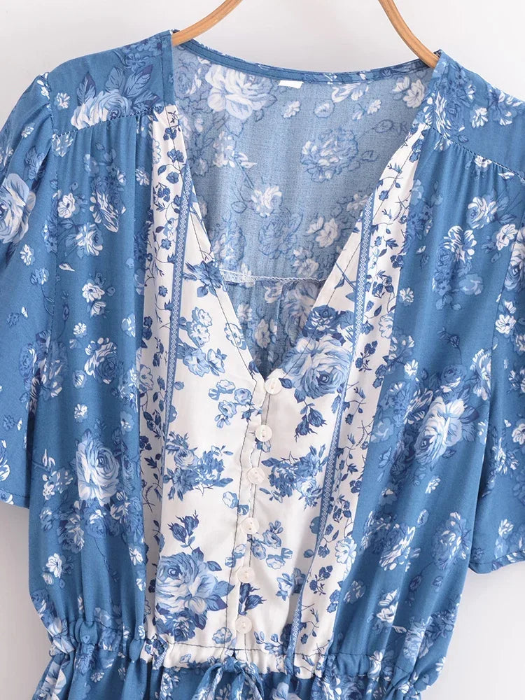 Cottage Blue Boho Floral Print Mini Dress