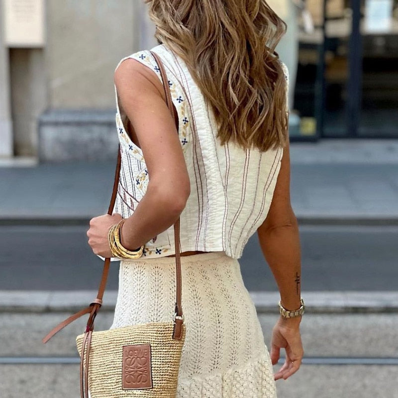 White Boho Floral Embroidered Vest