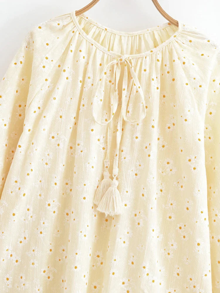 Golden Daisy Boho Floral Embroidered Long Sleeve Blouse