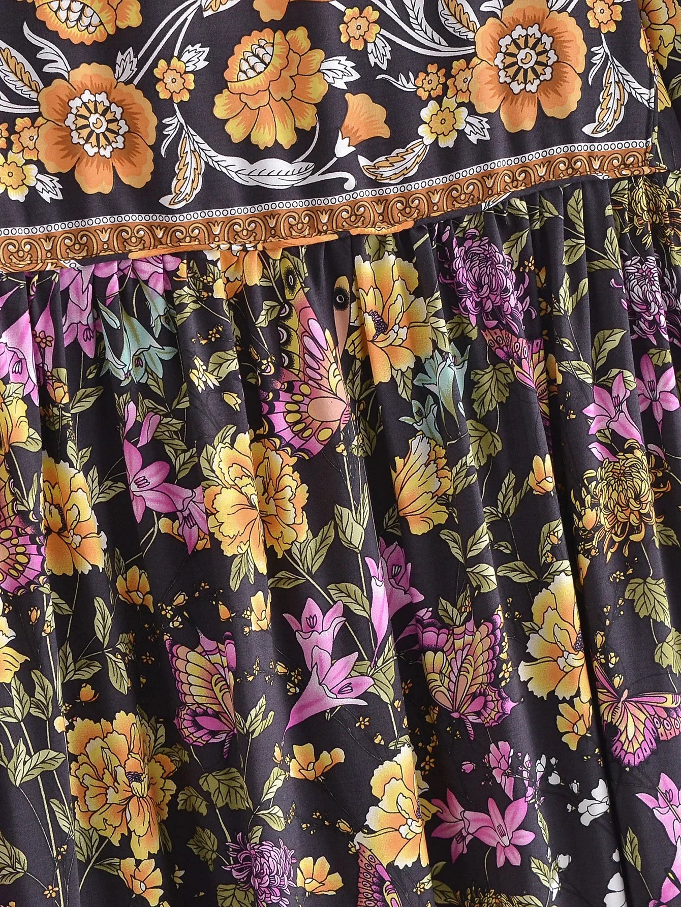 Black Butterfly Boho Floral Print Long Sleeve Maxi Dress