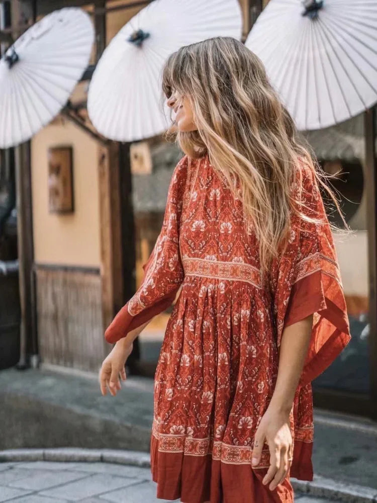 Rustic Red Boho Floral Babydoll Mini Dress