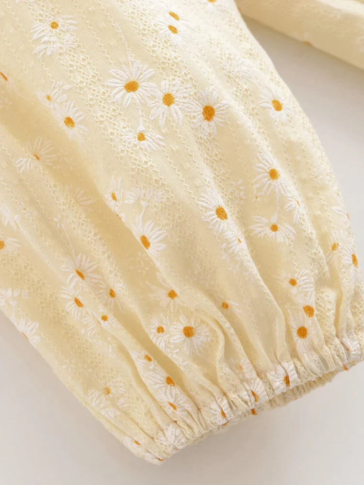 Golden Daisy Boho Floral Embroidered Long Sleeve Blouse