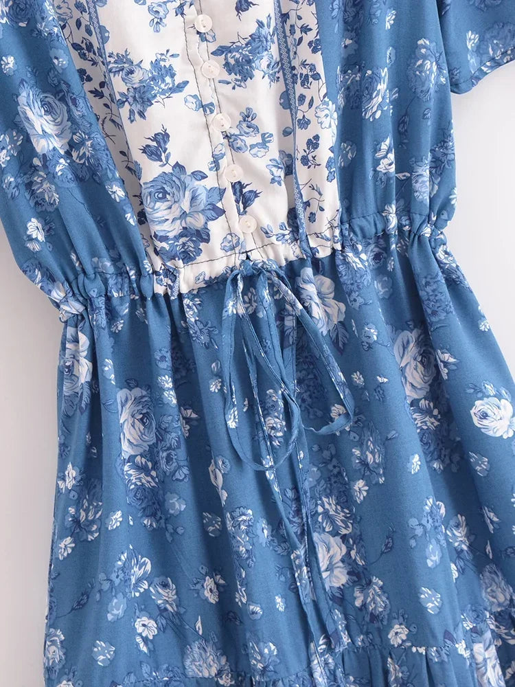 Cottage Blue Boho Floral Print Mini Dress