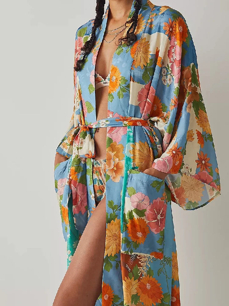 Blue Blooms Boho Floral Print Maxi Robe