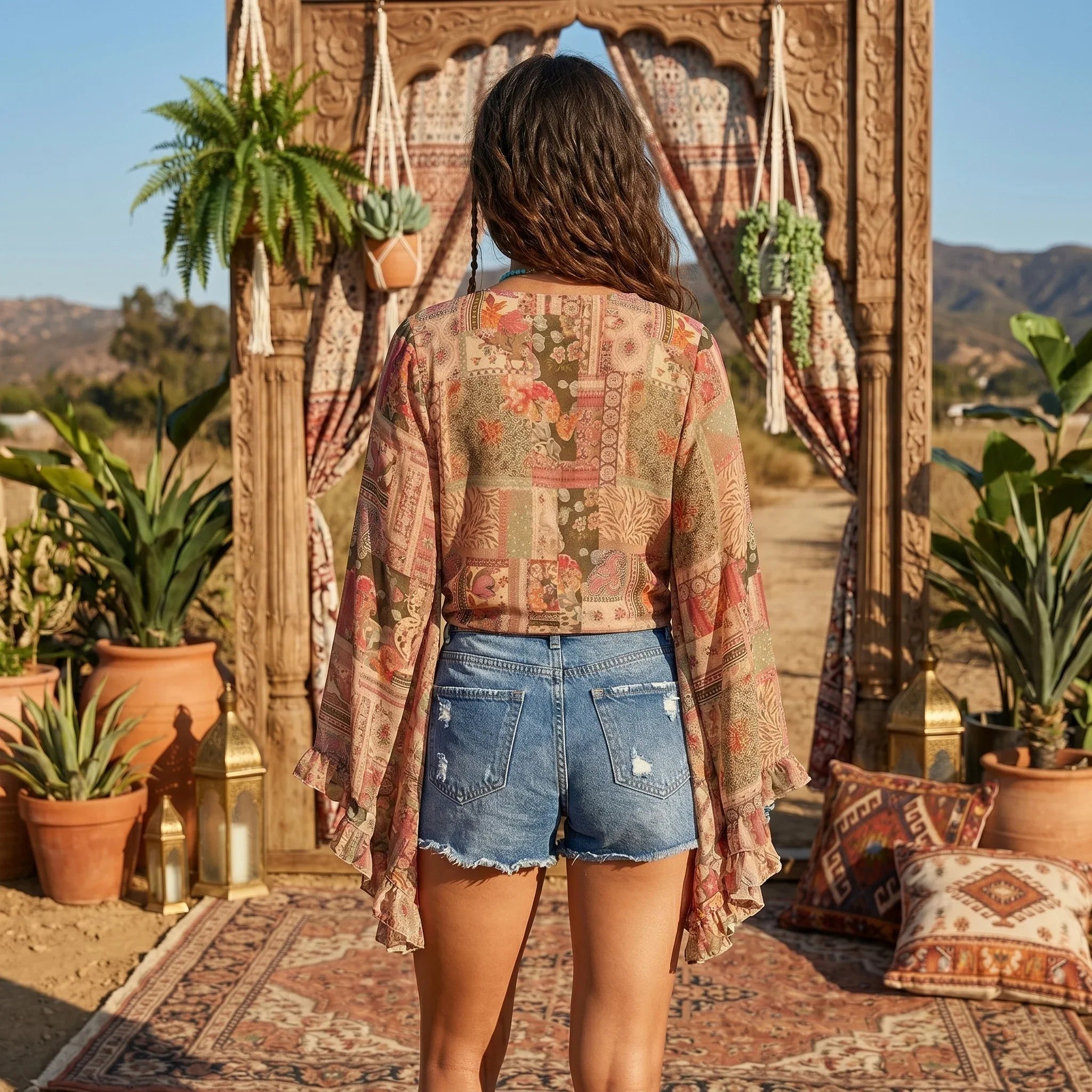 Desert Sunset Boho Floral Print Long Sleeve Crop Top