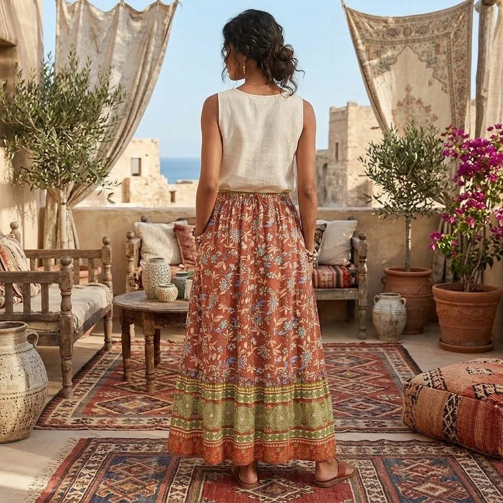 Henna Blossom Floral Print Boho Maxi Skirt
