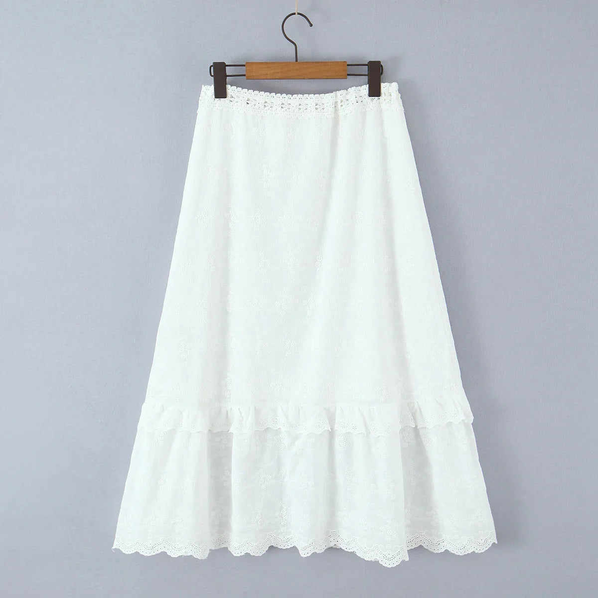 Dreamy White Floral Embroidered Midi Skirt