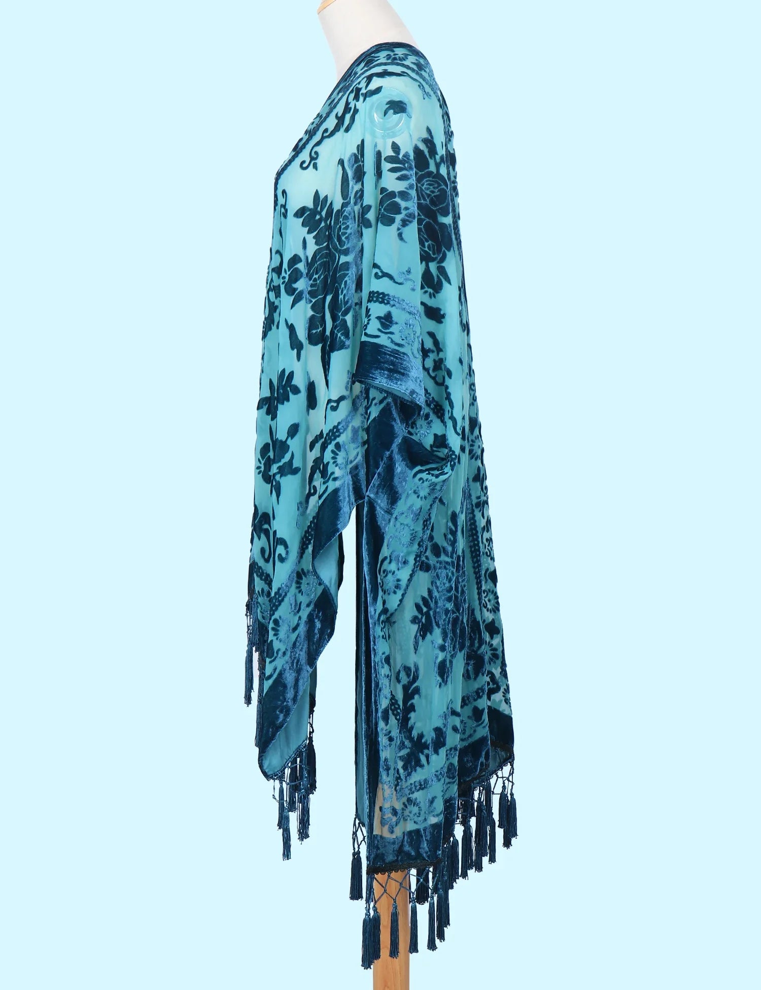 Teal Dream Floral Print Velvet Burnout Kimono