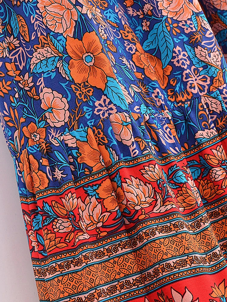 Sapphire Blue Floral Print Boho Maxi Skirt