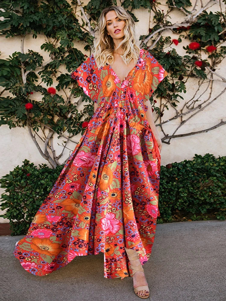Calypso Berry Floral Boho Floral Print Midi Dress