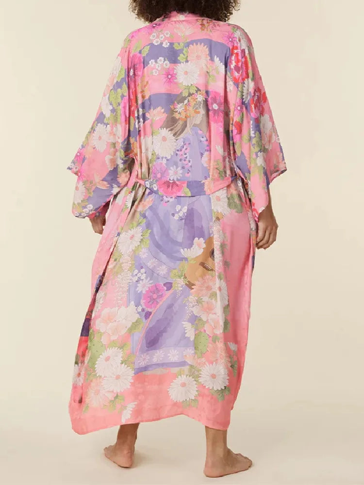 Pink Blooms Boho Floral Print Maxi Robe
