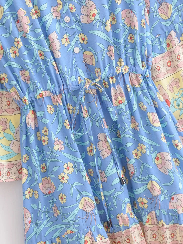 Sweetly Blooming Blue Boho Floral Print Mini Dress