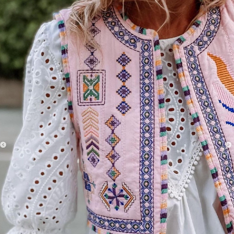 Pink Boho Floral Embroidered Vest
