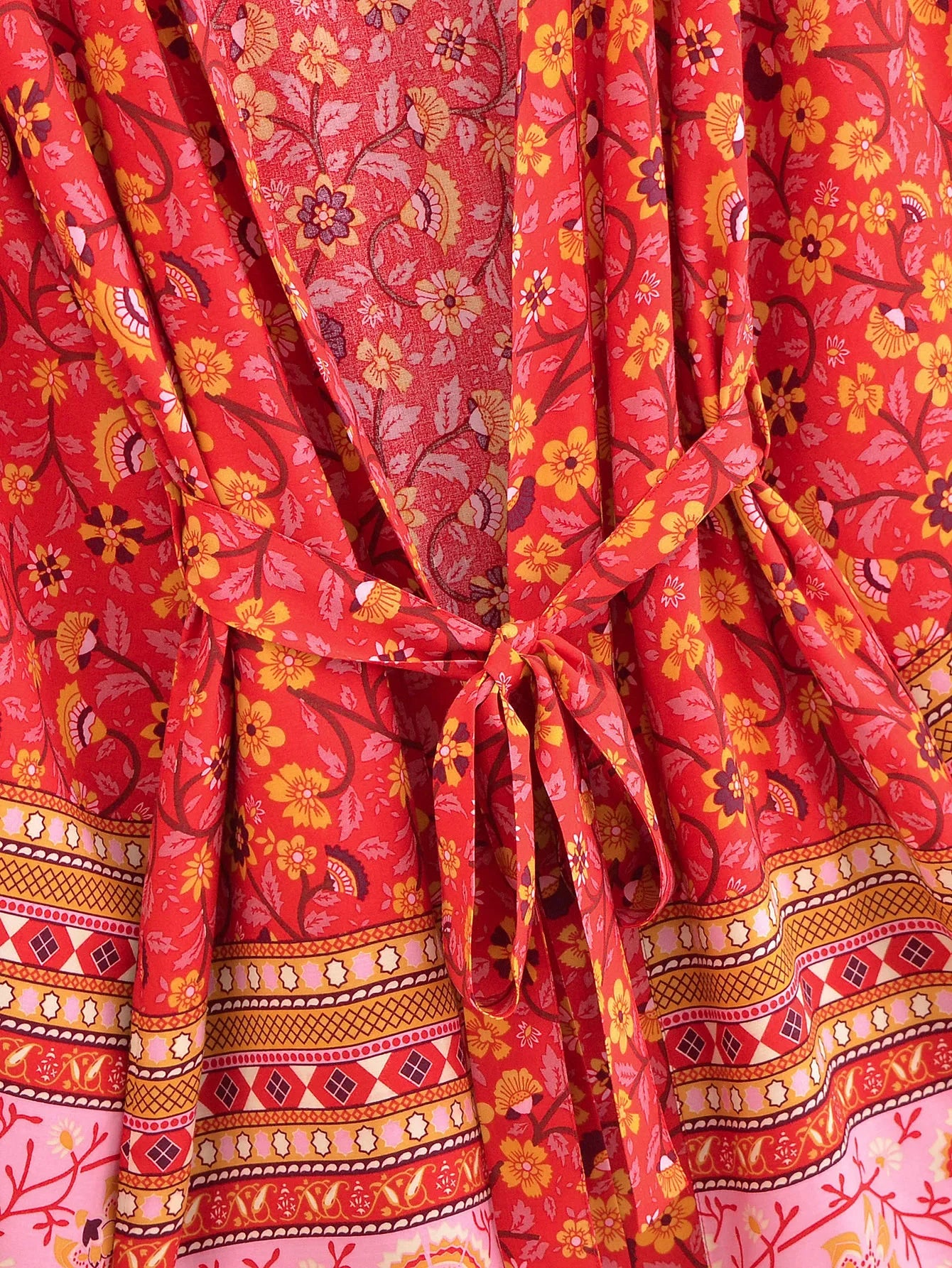 Crimson Bloom Boho Floral Print Short Robe