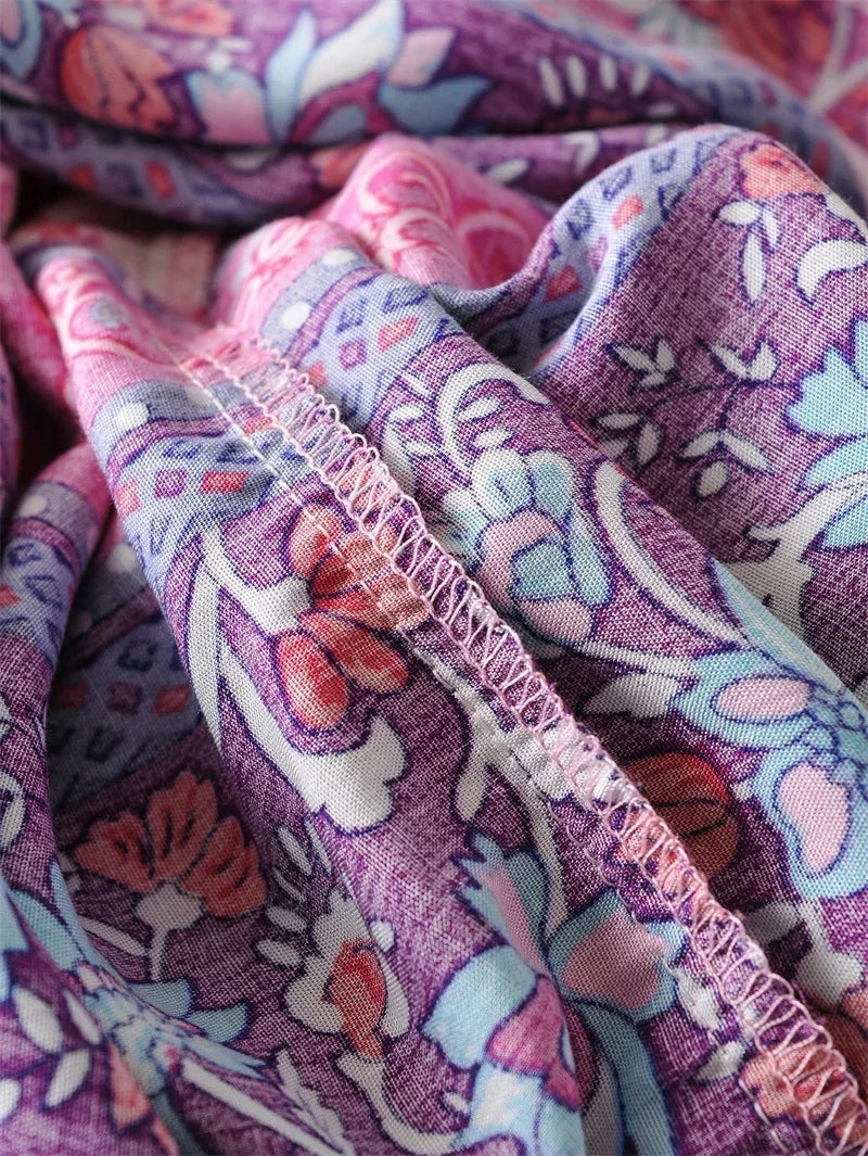 Pink Violet Floral Print Boho Maxi Skirt