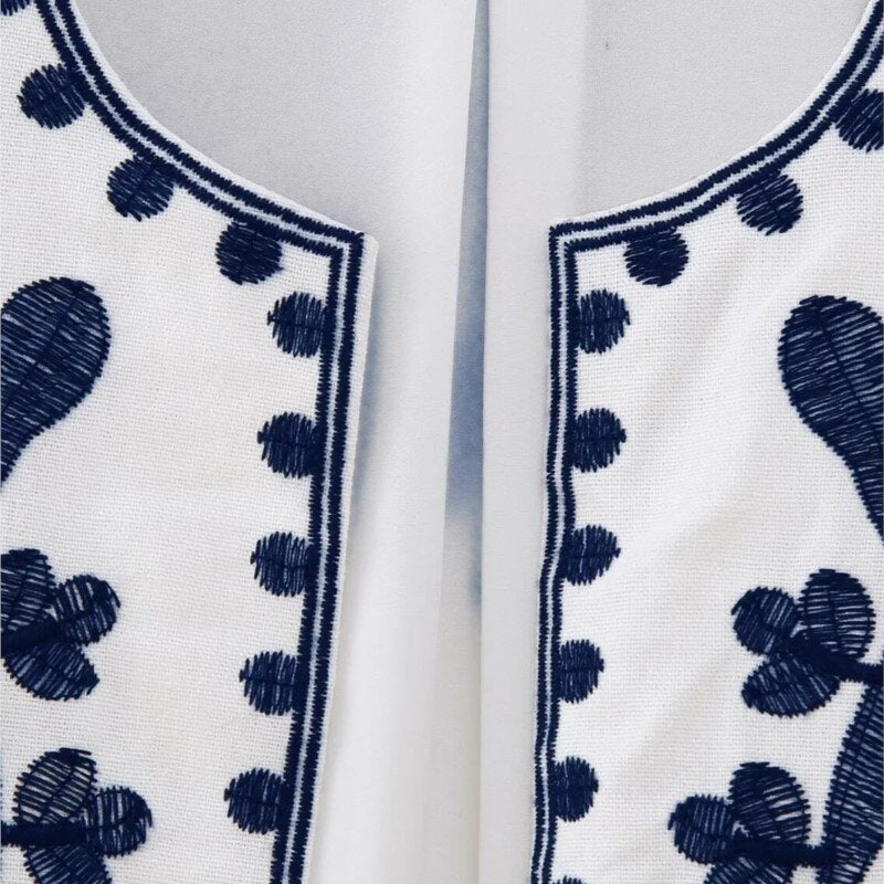 Blue Boho Floral Embroidered Vest