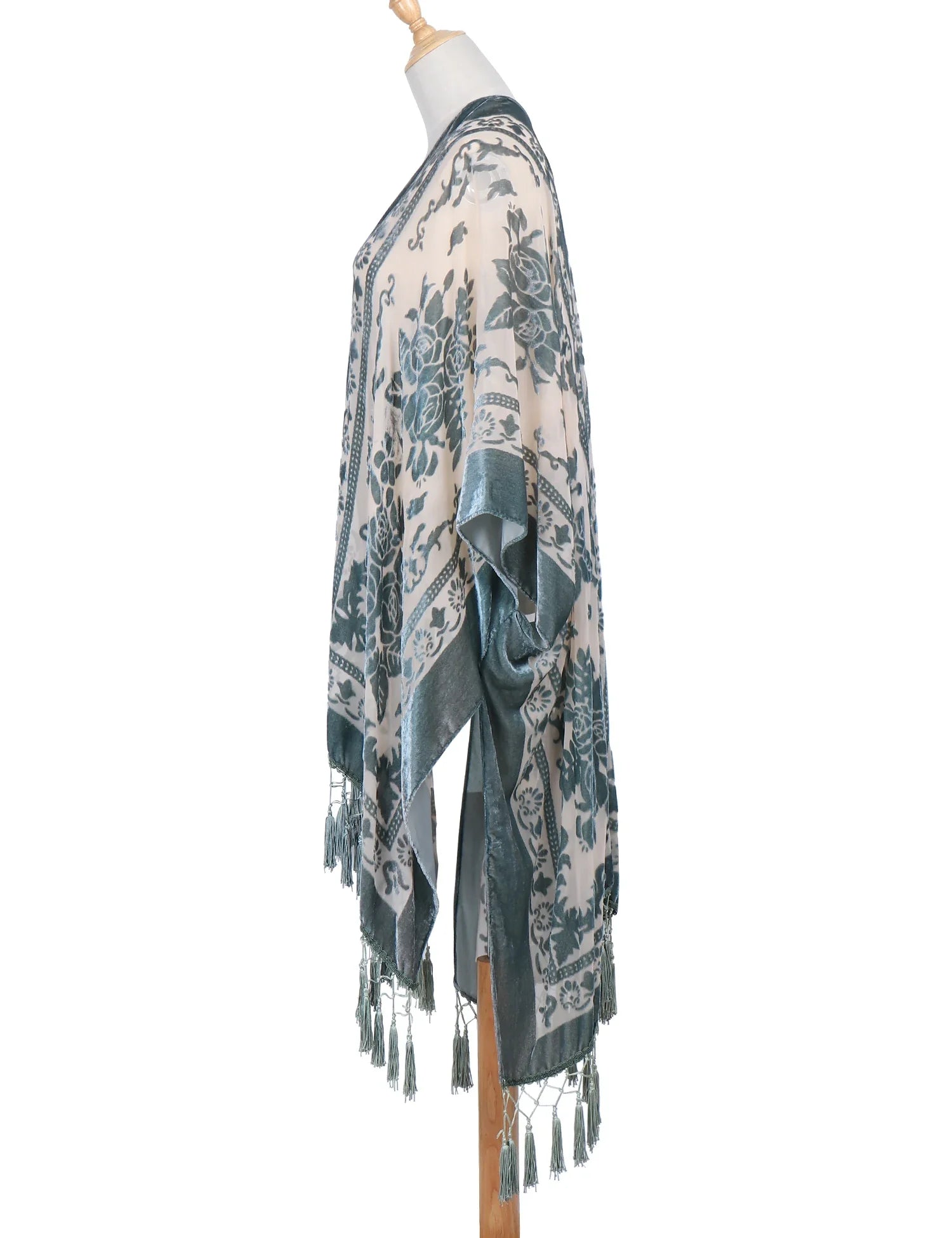 Sage Floral Print Velvet Burnout Kimono