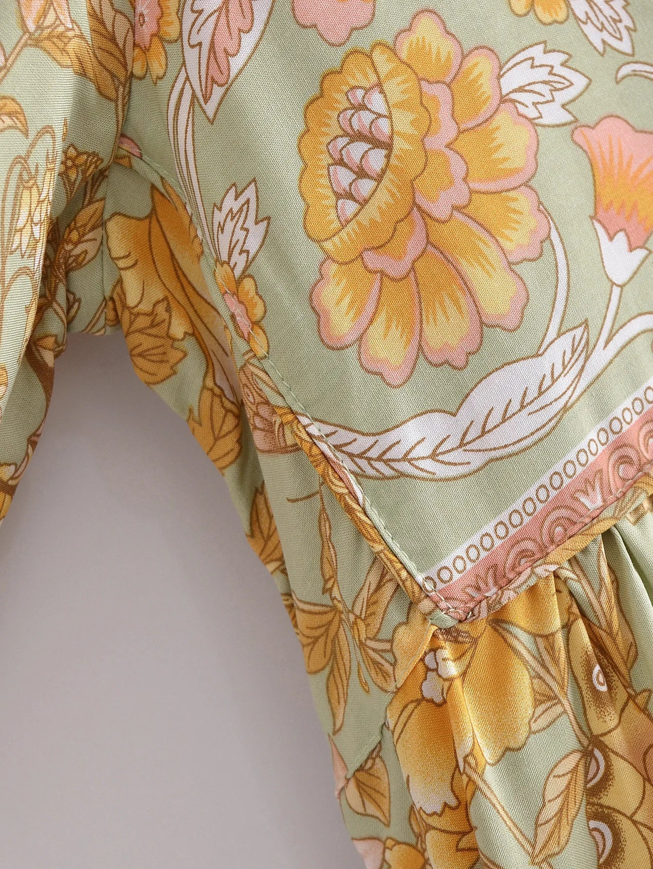 Green Butterfly Boho Floral Print Long Sleeve Maxi Dress