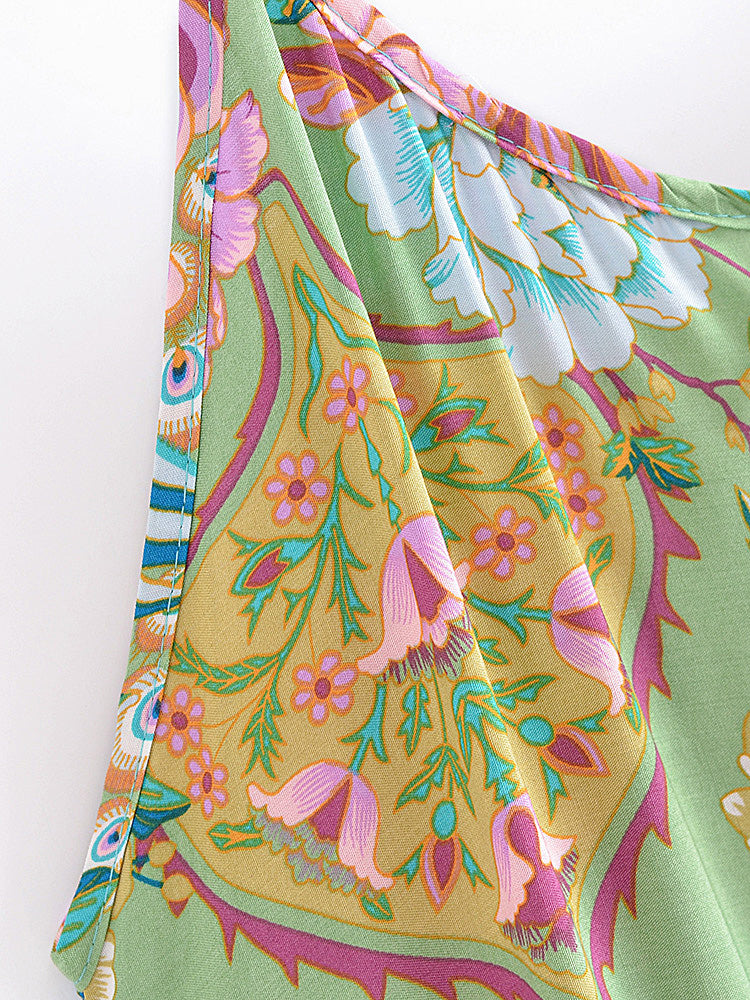 Jade Peacock Boho Floral Print Midi Dress