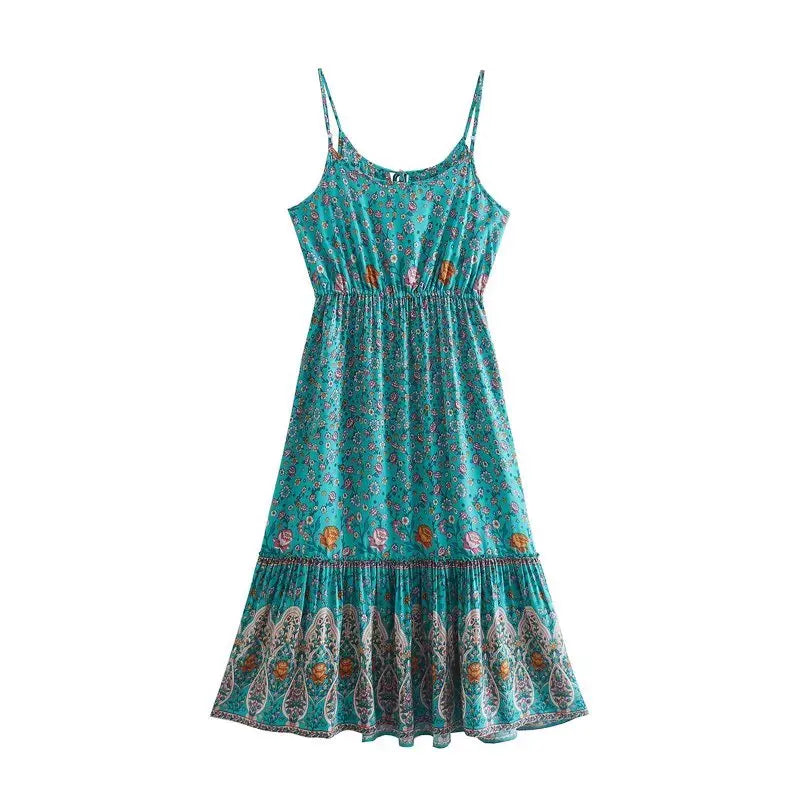 Ocean Bloom Boho Floral Print Midi Dress