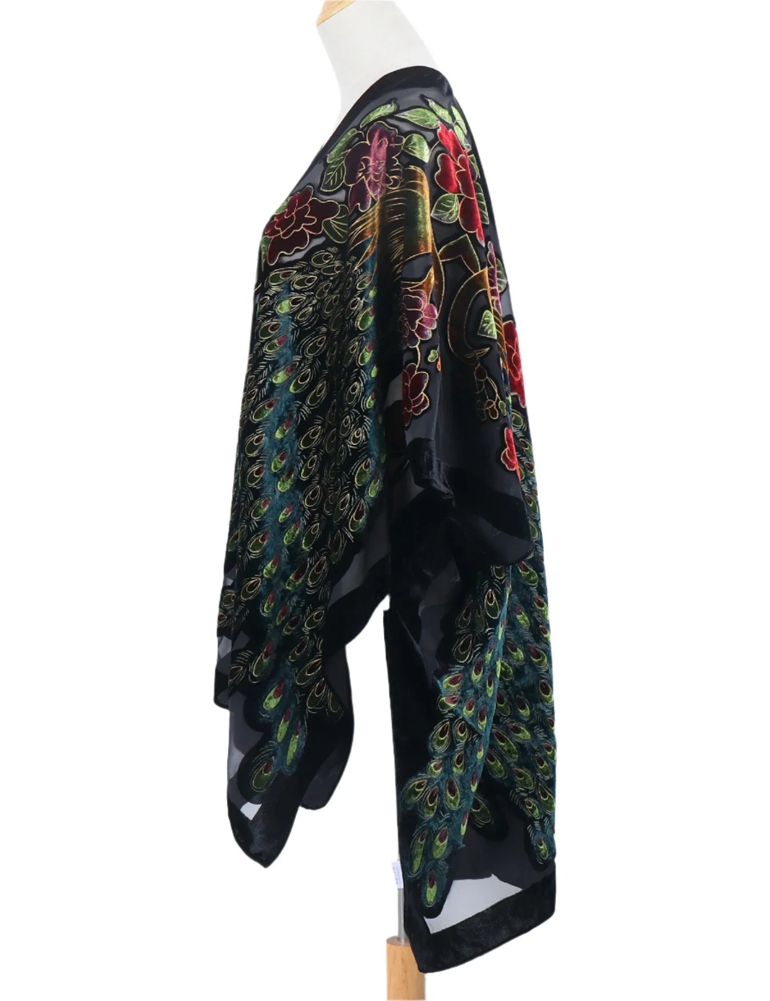 Enchanted Peacock Floral Print Velvet Burnout Kimono