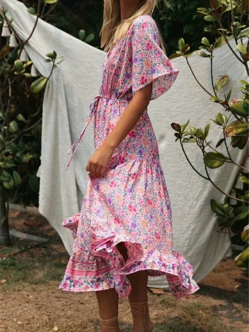 Dreamy Rose Pink Boho Floral Print Maxi Dress