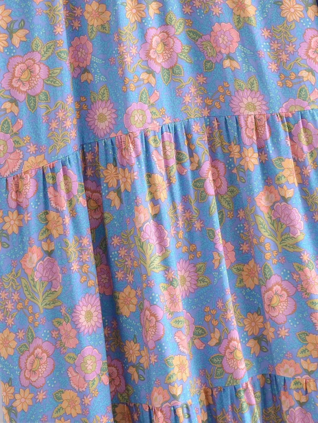 Blue Blossom Boho Floral Print Maxi Dress