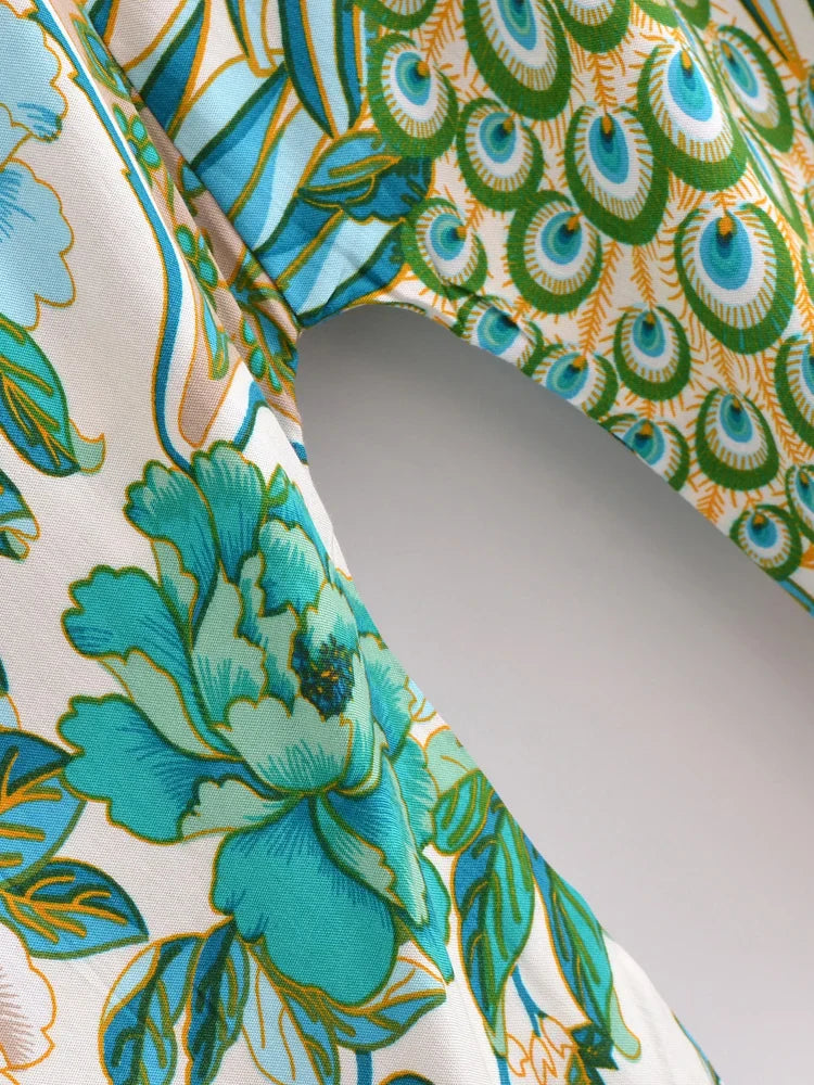 Emerald Peacock Boho Floral Print Crop Top