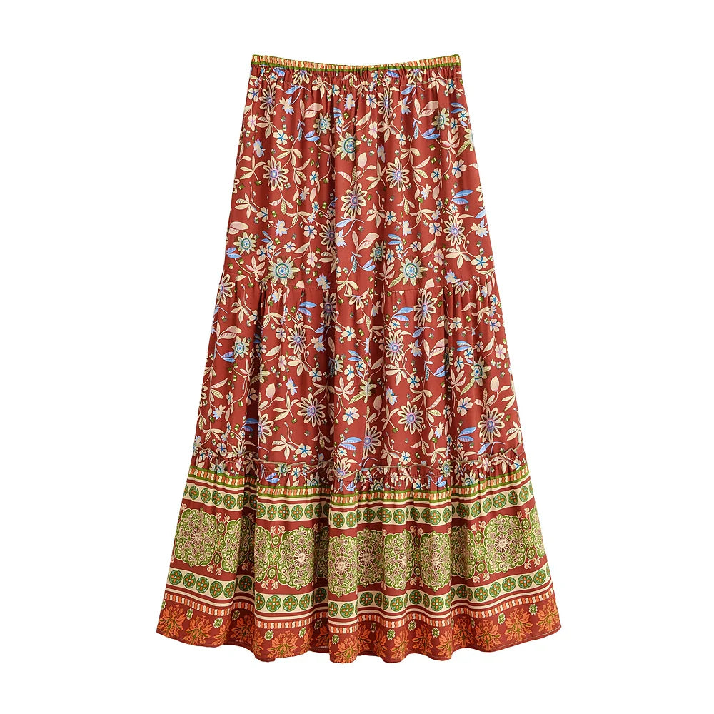 Henna Blossom Floral Print Boho Maxi Skirt
