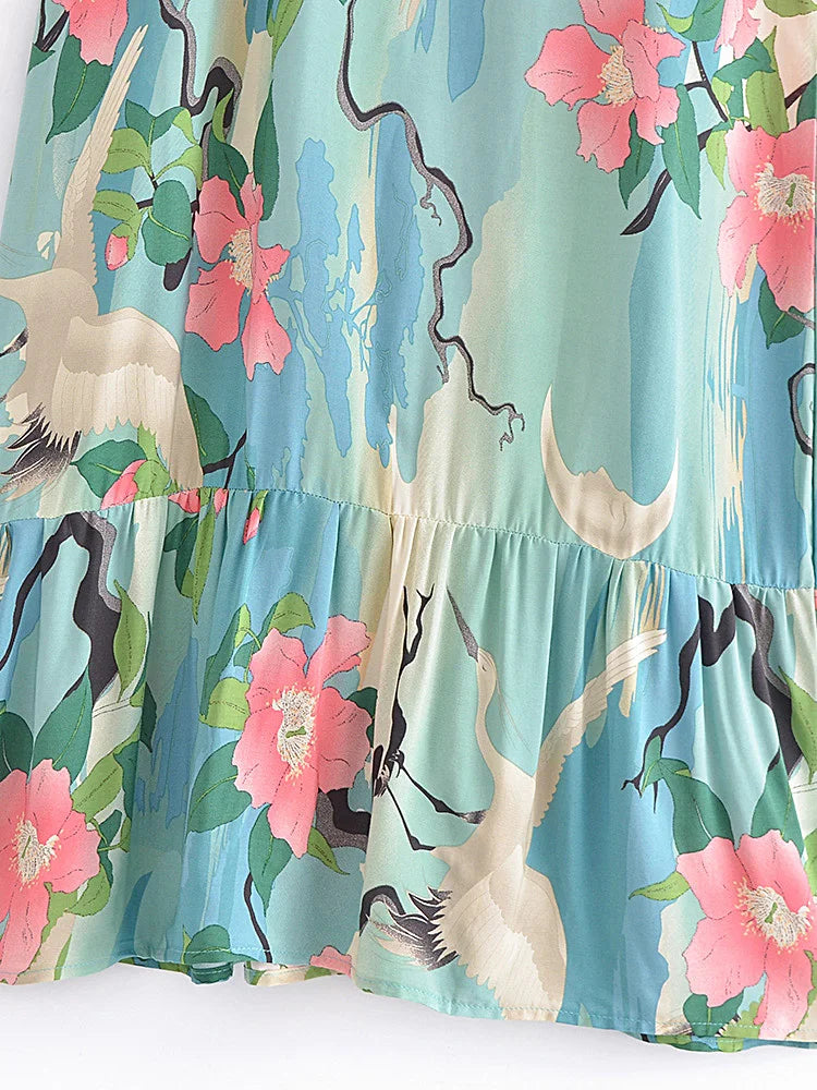 Moonlight Crane Boho Floral Print Midi Dress