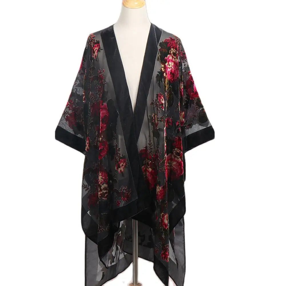 Black Rose Floral Print Velvet Burnout Kimono
